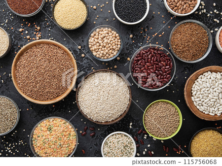 Various bowl plates with healthy beans,bulgur,quinoa,buckwheat with couscous and pea 115756068