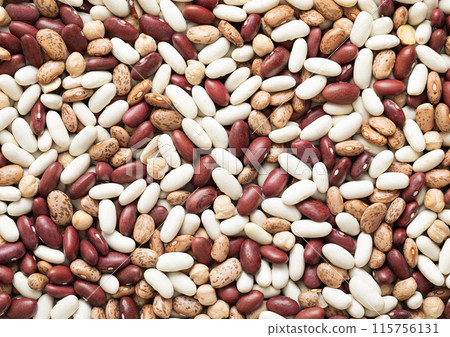 Assorted mix of red and white and variegated bean seeds with chickpeas textured background. 115756131
