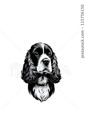 Monotone image of an English Cocker Spaniel, a medium-sized breed with a lively personality and long ears. 115756150