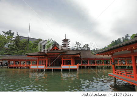 以安藝宮島五層寶塔為背景的嚴島神社正殿景觀 以安藝宮島五層寶塔為背景的嚴島神社正殿景觀 115756183