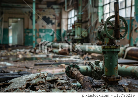 Abandoned industrial building with rusted pipes and peeling paint 115756239
