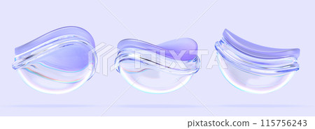 Glass curve wave hemisphere with dispersion effect 3d render icon set. Abstract geometric transparent circle morphism shapes with deformation, rainbow liquid plastic design elements. 3D illustration 115756243