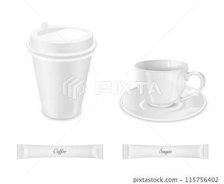 White disposable packaging for sugar and coffee. Glass cup with saucer and paper coffee cup White disposable packaging for sugar and coffee. Glass cup with saucer and paper coffee cup 115756402