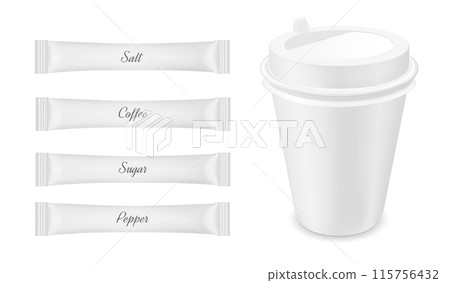 White disposable packaging for sugar and coffee. Paper coffee cup 115756432