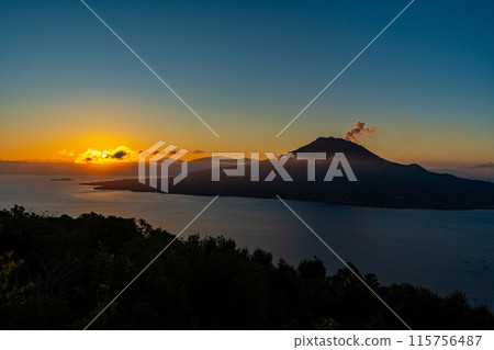從寺山公園展望台看到的櫻島和日出(鹿兒島市) 從寺山公園展望台看到的櫻島和日出(鹿兒島市) 115756487