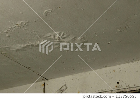 The paint on the ceiling is loose due to a leak. Leaking ceiling in the bathroom. The paint on the ceiling is loose due to a leak. Leaking ceiling in the bathroom. 115756553