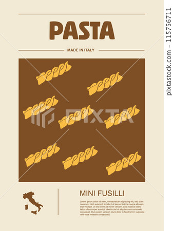 Italian macaroni types, labels for packages set. Mini Fusilli pasta. Organic and natural product, gourmet ingredient for cooking dishes. Handmade and tasty. Vector in flat style 115756711