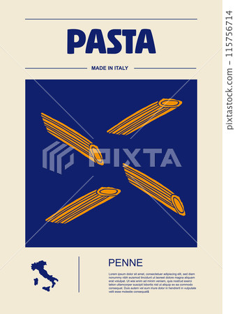 Italian macaroni types, labels for packages set. Penne pasta. Organic and natural product, gourmet ingredient for cooking dishes. Handmade and tasty. Vector in flat style 115756714