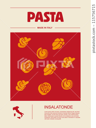 Italian macaroni types, labels for packages set. Insalatonde pasta. Organic and natural product, gourmet ingredient for cooking dishes. Handmade and tasty. Vector in flat style Italian macaroni types, labels for packages set. Insalatonde pasta. Organic and natural product, gourmet ingredient for cooking dishes. Handmade and tasty. Vector in flat style 115756715