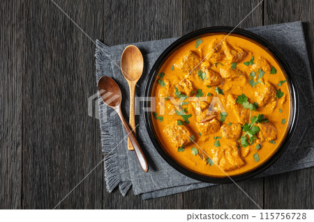 indian spiced fish curry, salmon masala, top view 115756728