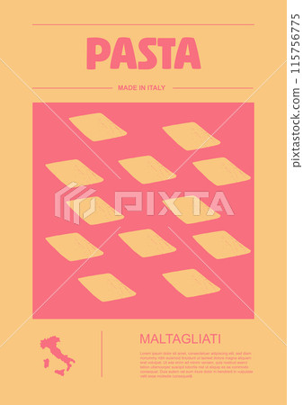 Italian macaroni types, labels for packages set. Maltagliati pasta. Organic and natural product, gourmet ingredient for cooking dishes. Handmade and tasty. Vector in flat style 115756775