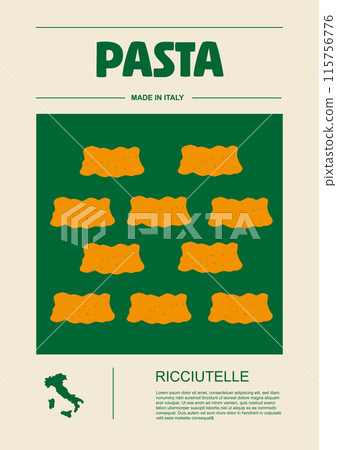 Italian macaroni types, labels for packages set. Ricciutelle pasta. Organic and natural product, gourmet ingredient for cooking dishes. Handmade and tasty. Vector in flat style Italian macaroni types, labels for packages set. Ricciutelle pasta. Organic and natural product, gourmet ingredient for cooking dishes. Handmade and tasty. Vector in flat style 115756776
