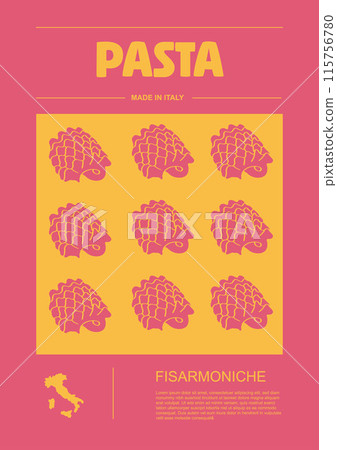 Italian macaroni types, labels for packages set. Fisarmoniche pasta. Organic and natural product, gourmet ingredient for cooking dishes. Handmade and tasty. Vector in flat style 115756780