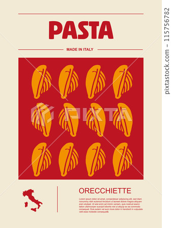 Italian macaroni types, labels for packages set. Orecchiette pasta. Organic and natural product, gourmet ingredient for cooking dishes. Handmade and tasty. Vector in flat style 115756782
