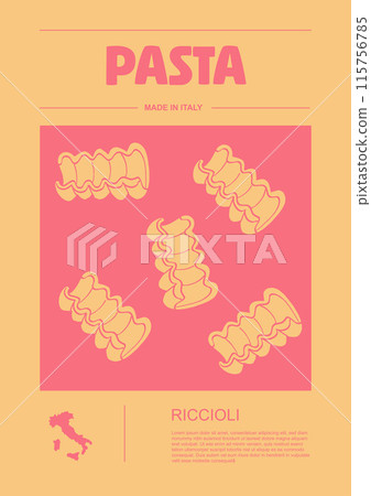Italian macaroni types, labels for packages set. Riccioli pasta. Organic and natural product, gourmet ingredient for cooking dishes. Handmade and tasty. Vector in flat style Italian macaroni types, labels for packages set. Riccioli pasta. Organic and natural product, gourmet ingredient for cooking dishes. Handmade and tasty. Vector in flat style 115756785