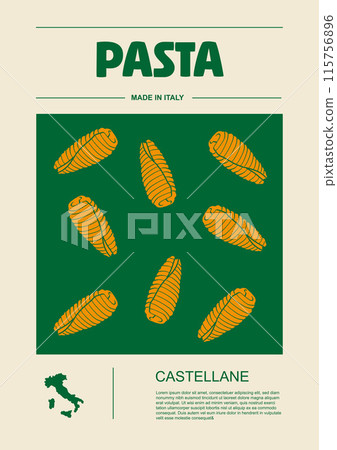 Italian macaroni types, labels for packages set. Castellane pasta. Organic and natural product, gourmet ingredient for cooking dishes. Handmade and tasty. Vector in flat style 115756896