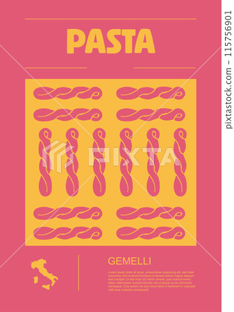 Italian macaroni types, labels for packages set. Gemelli pasta. Organic and natural product, gourmet ingredient for cooking dishes. Handmade and tasty. Vector in flat style 115756901