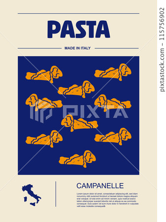 Italian macaroni types, labels for packages set. Campanelle pasta. Organic and natural product, gourmet ingredient for cooking dishes. Handmade and tasty. Vector in flat style 115756902