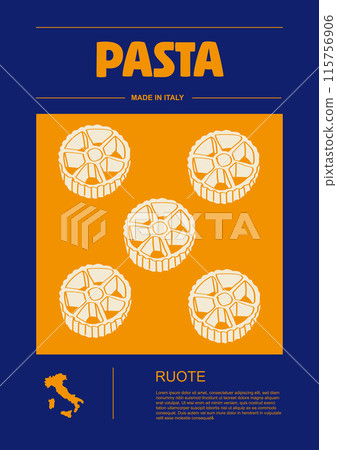 Italian macaroni types, labels for packages set. Ruote pasta. Organic and natural product, gourmet ingredient for cooking dishes. Handmade and tasty. Vector in flat style 115756906