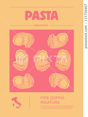 Italian macaroni types, labels for packages set. Pipe doppia rigatura pasta. Organic and natural product, gourmet ingredient for cooking dishes. Handmade and tasty. Vector in flat style Italian macaroni types, labels for packages set. Pipe doppia rigatura pasta. Organic and natural product, gourmet ingredient for cooking dishes. Handmade and tasty. Vector in flat style 115756907