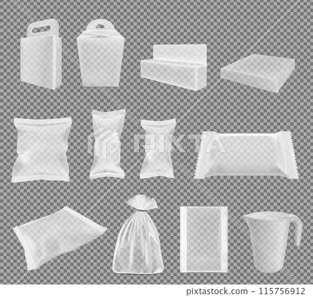 Transparent packaging for snacks, food, chips, sugar and spices. Big vector set 115756912