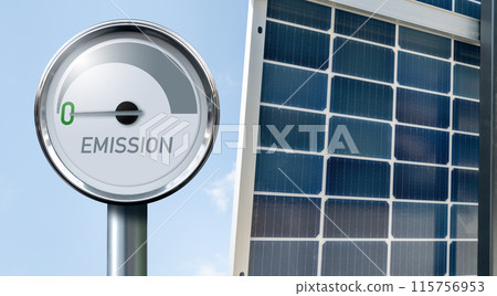 Solar panels and gauge with inscription EMISSION. Arrow points to zero. Solar panels and gauge with inscription EMISSION. Arrow points to zero. 115756953