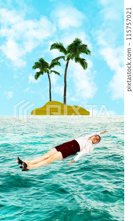 Contemporary art collage. Young woman in formal wear swimming in ocean with island symbolizing desire for vacation and relaxation Contemporary art collage. Young woman in formal wear swimming in ocean with island symbolizing desire for vacation and relaxation 115757021