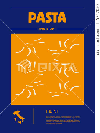 Italian macaroni types, labels for packages set. Filini pasta. Organic and natural product, gourmet ingredient for cooking dishes. Handmade and tasty. Vector in flat style 115757030