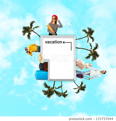 Contemporary art collage. Enter key with vacation word on it and people preparing to travel. Lively summer design, symbolizing excitement and holiday adventures Contemporary art collage. Enter key with vacation word on it and people preparing to travel. Lively summer design, symbolizing excitement and holiday adventures 115757044