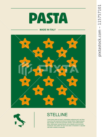 Italian macaroni types, labels for packages set. Stelline pasta. Organic and natural product, gourmet ingredient for cooking dishes. Handmade and tasty. Vector in flat style 115757101