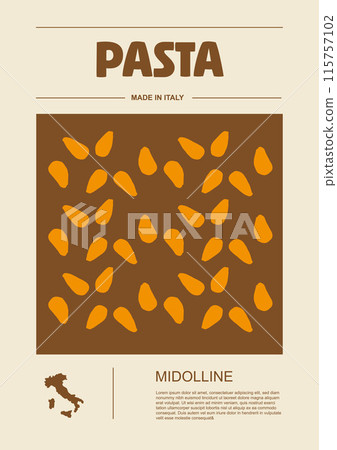 Italian macaroni types, labels for packages set. Midolline pasta. Organic and natural product, gourmet ingredient for cooking dishes. Handmade and tasty. Vector in flat style 115757102