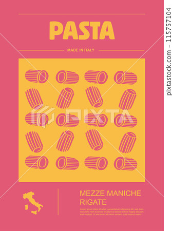 Italian macaroni types, labels for packages set. Mezze maniche rigate pasta. Organic and natural product, gourmet ingredient for cooking dishes. Handmade and tasty. Vector in flat style 115757104