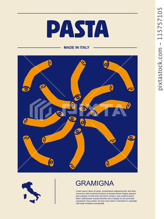 Italian macaroni types, labels for packages set. Gramigna pasta. Organic and natural product, gourmet ingredient for cooking dishes. Handmade and tasty. Vector in flat style Italian macaroni types, labels for packages set. Gramigna pasta. Organic and natural product, gourmet ingredient for cooking dishes. Handmade and tasty. Vector in flat style 115757105