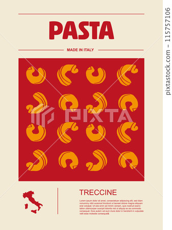 Italian macaroni types, labels for packages set. Treccine tonde pasta. Organic and natural product, gourmet ingredient for cooking dishes. Handmade and tasty. Vector in flat style Italian macaroni types, labels for packages set. Treccine tonde pasta. Organic and natural product, gourmet ingredient for cooking dishes. Handmade and tasty. Vector in flat style 115757106