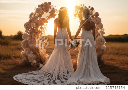 Couple of brides wearing wedding dresses are holding hands in the background of romantic wedding arch at the sunset field. Same sex wedding. Couple of brides wearing wedding dresses are holding hands in the background of romantic wedding arch at the sunset field. Same sex wedding. 115757154