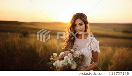 Bride is holding boho bouquet of flowers in background of sunset field 115757156