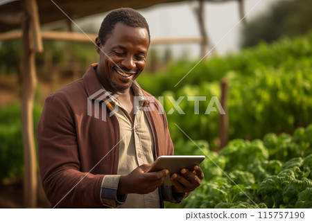 Black farmer with a digital tablet. Integration of technology for efficient and progressive agricultural management Black farmer with a digital tablet. Integration of technology for efficient and progressive agricultural management 115757190