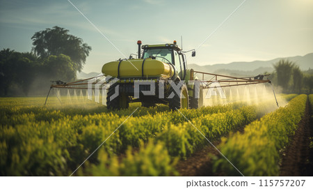 Machine for spraying pesticides and herbicides in the field at work. Machine for spraying pesticides and herbicides in the field at work. 115757207