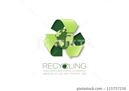 Recycle sign with Eco friendly Earth Globe. Paper art style. Sustainable concept of Green energy. ecology and environment. Vector Illustration. Recycle sign with Eco friendly Earth Globe. Paper art style. Sustainable concept of Green energy. ecology and environment. Vector Illustration. 115757230