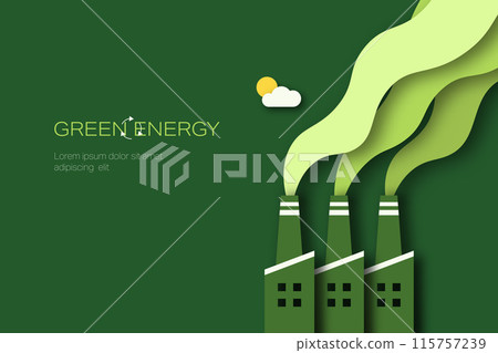 Green Industry. Pipe of factory with green smoke. Paper art of Sustainable energy, ecology and environment concept. Minimal vector illustration. 115757239