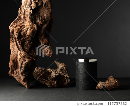Black empty podium and dried snag on a black background. Black empty podium and dried snag on a black background. 115757282