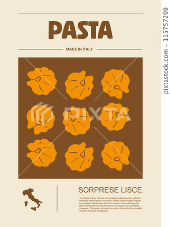 Italian macaroni types, labels for packages set. Sorprese lisce pasta. Organic and natural product, gourmet ingredient for cooking dishes. Handmade and tasty. Vector in flat style Italian macaroni types, labels for packages set. Sorprese lisce pasta. Organic and natural product, gourmet ingredient for cooking dishes. Handmade and tasty. Vector in flat style 115757299