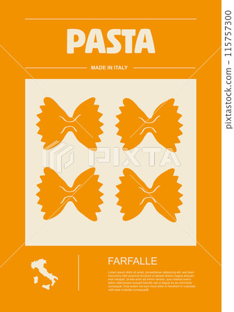 Italian macaroni types, labels for packages set. Farfalle pasta. Organic and natural product, gourmet ingredient for cooking dishes. Handmade and tasty. Vector in flat style Italian macaroni types, labels for packages set. Farfalle pasta. Organic and natural product, gourmet ingredient for cooking dishes. Handmade and tasty. Vector in flat style 115757300