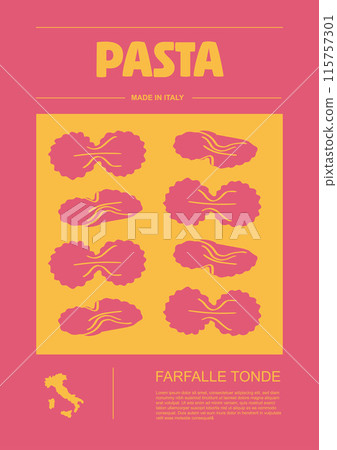 Italian macaroni types, labels for packages set. Farfalle tonde pasta. Organic and natural product, gourmet ingredient for cooking dishes. Handmade and tasty. Vector in flat style Italian macaroni types, labels for packages set. Farfalle tonde pasta. Organic and natural product, gourmet ingredient for cooking dishes. Handmade and tasty. Vector in flat style 115757301