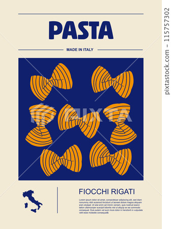 Italian macaroni types, labels for packages set. Fiocchi Rigati pasta. Organic and natural product, gourmet ingredient for cooking dishes. Handmade and tasty. Vector in flat style Italian macaroni types, labels for packages set. Fiocchi Rigati pasta. Organic and natural product, gourmet ingredient for cooking dishes. Handmade and tasty. Vector in flat style 115757302