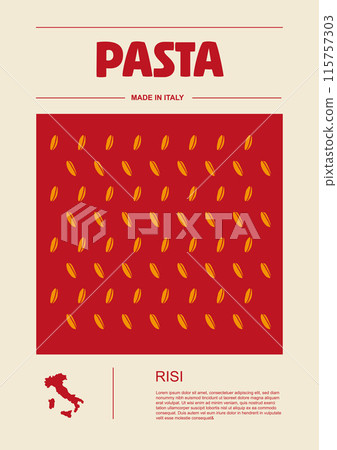 Italian macaroni types, labels for packages set. Risi pasta. Organic and natural product, gourmet ingredient for cooking dishes. Handmade and tasty. Vector in flat style 115757303