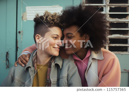 Multiracial LGBT couple in a loving embrace. The beauty of diverse love and highlighting unity within the LGBTQ community 115757365