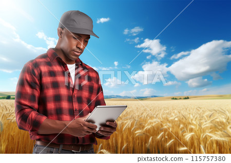 Black farmer with digital tablet on the wheat field. Smart farming and precision agriculture. 115757380