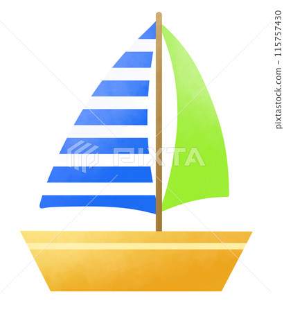 An illustration of a sailboat with blue and yellow-green sails An illustration of a sailboat with blue and yellow-green sails 115757430