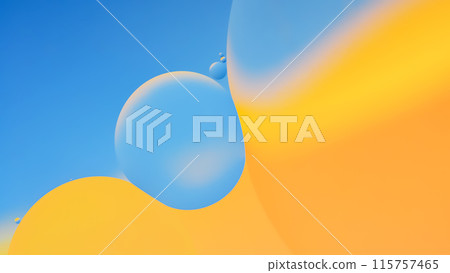 Top view of macro abstract photography of oil droplet on gradient blue and yellow background for use as background, illustration or copy space Top view of macro abstract photography of oil droplet on gradient blue and yellow background for use as background, illustration or copy space 115757465